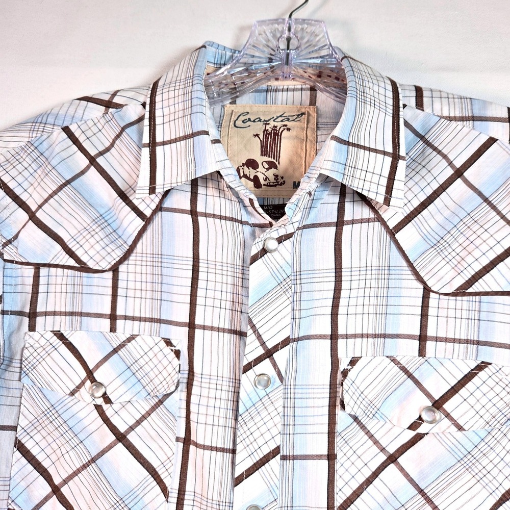 Coastal Mens Blue Brown Plaid Short Sleeve Western Pearl Snap Shirt Retro Cowboy